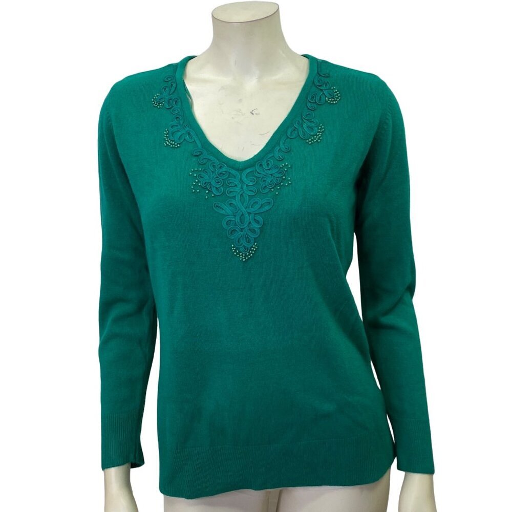 COVINGTON V NECK SWEATER SOUTACHE‎ & BEADS EMBELLISHED PET SM NWT